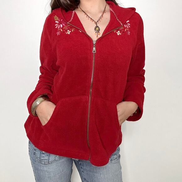 The cutest red fleece y2k floral embroidered zip up - Picture 1 of 6